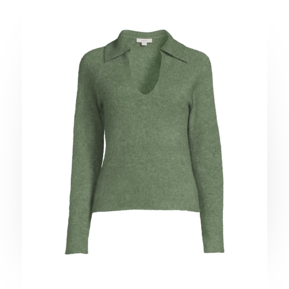 NWT Vince Brushed V-Neck Long Sleeve Polo Alpaca Sweater in Green | Size XS